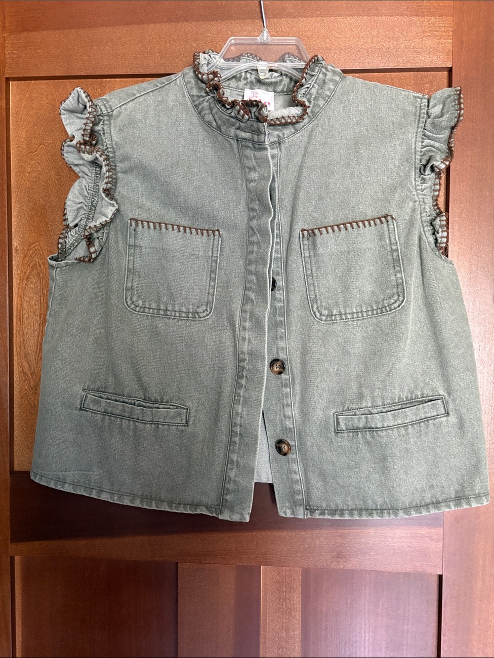 NWT Green  Ruffle-Trim Denim Vest Jacket